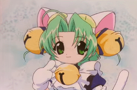 A GIF of Dejiko from the anime Di Gi Charat on a pastel background. She introduces herself with text that reads "I'm Di Gi Charat". The camera pans out with text that reads "Nice to meet you nyo" as she bows. She then turns into a smaller cartoony version of herself and the text reads "Call me Dejiko nyo"